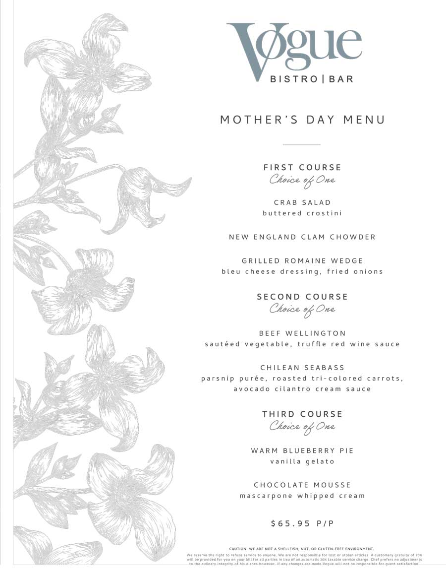 Mothers Day menu at Vogue Bistro, a Restaurant in Surprise Arizona, with floral border decoration.